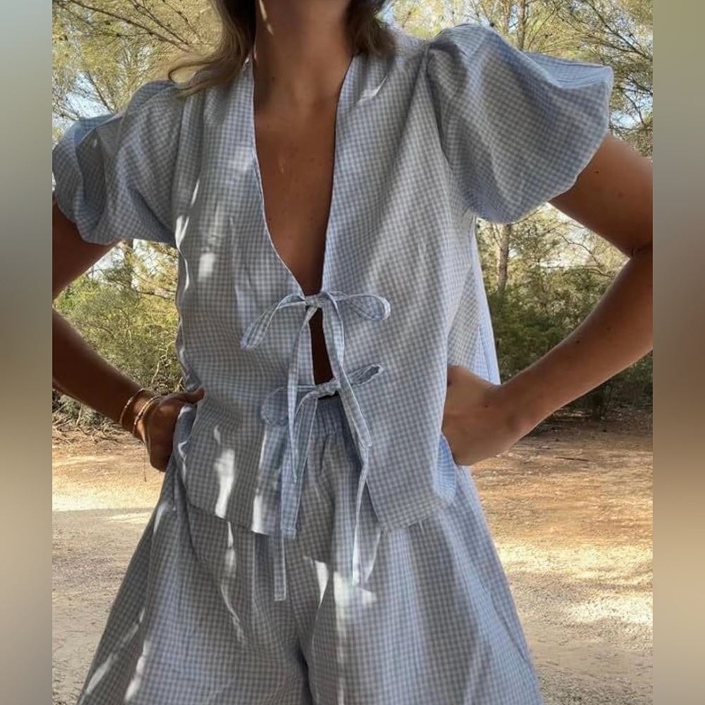 Blue Gingham Tie-Front Top and Shorts Set